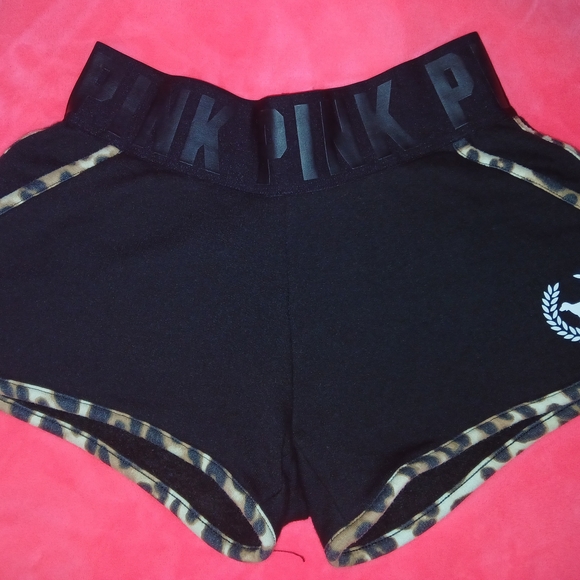 PINK Victoria's Secret Pants - PINK Victoria's Secret Black Shorts with Leopard Trim Dog And Crest VGUC